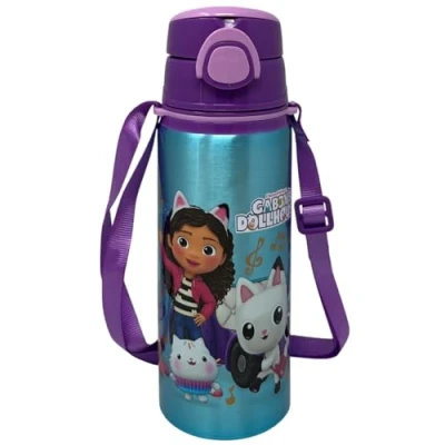 Imagen de botella de aluminio con pajita Gabby&#039;s Dollhouse 730 ml apertura automática pop up para niños correa incluida