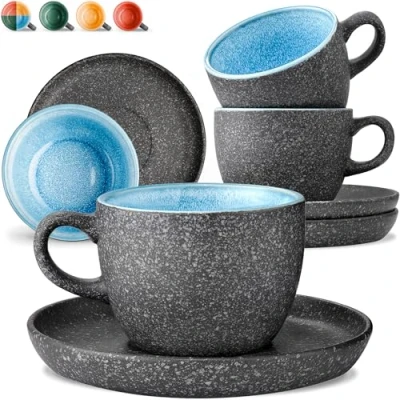Imagen de Cosumy Set de 4 Tazas Capuchino 200ml en Cerámica con Platillos Juego Café Moderno Gres Grueso Esmalte Reactivo Hecho a Mano Mantiene el Calor por Más Tiempo (Azul)