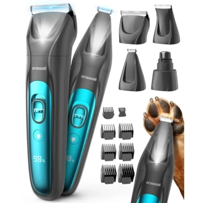 Imagen de oneisall 4 en 1 Cortapelos silencioso para perros y gatos con luz LED, 2025 el cuidado del pelo de mascotas, perros&amp; Recortador uñas&amp; Molinillo garras, 2000mAh (Azul)