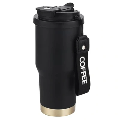 Imagen de Vaso Termo Cafe para Llevar Taza Café Coffee Mug 530ml de Acero Inoxidable 304, Doble Pared Aislante, 360 Antigoteo, con Tapón Pajita y Boquilla Bebida Caliente Fría (Negra)