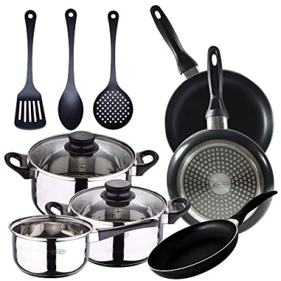 Imagen de Batería de cocina 5 piezas acero inoxidable y 3pcs Utensilios Set sartenes 16/20/24 cms, negro, aluminio prensado, inducción