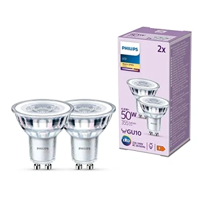 Imagen de Philips Bombilla tipo foco 4.6W (Eq. 50W) 355 lúmenes, casquillo GU10, Luz Blanca Cálida (2700k) Pack 2 Bombillas