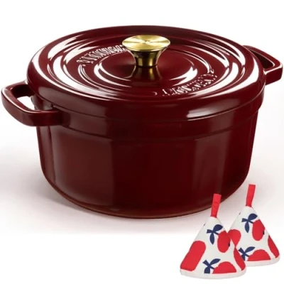 Imagen de Overmont Horno holandés de hierro fundido esmaltado, olla 5 cuartos con tapa, libro cocina y agarraderas algodón, utensilios resistentes para estofar, guisos, asar, hornear pan,