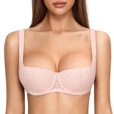 Imagen de DOBREVA Mujer Sujetador Balconette Push Up Sexy con Aros Relleno Talla Grande Rosa Desnuda 100E