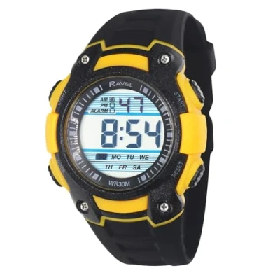 Imagen de Ravel Reloj de cuarzo digital redondo 3 ATM para hombre con luz RDG.14A, negro/amarillo