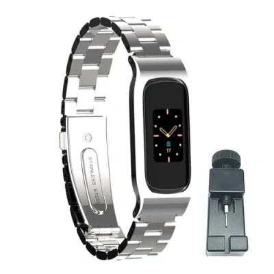 Imagen de T BLUER Correa para Fitbit Luxe Reloj, Doble Botones Plegable Pulsera del Metal Acero Inoxidable Accesorios,Plata