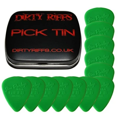 Imagen de 12 púas para guitarra Dunlop Riffs de 0,96 mm, color verde en una práctica lata