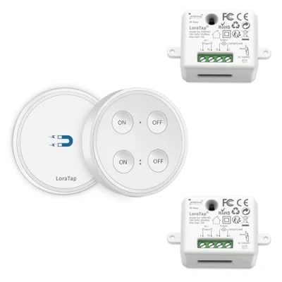 Imagen de Kit de Interruptor Luces Inalámbricas, LoraTap Inalámbrico + 2 Piezas Receptor Relevo Control Remoto Radio Hasta 200m Mando a Distancia para Casa Iluminación y Electrodomésticos