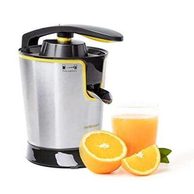 Imagen de Mellerware Exprimidor Eléctrico Profesional Juicy! 300W Vertido Continuo Sistema Antigoteo 2 Filtros Conos intercambiables Motor AC Apto Lavavajillas Zumos de naranjas (Yellow)