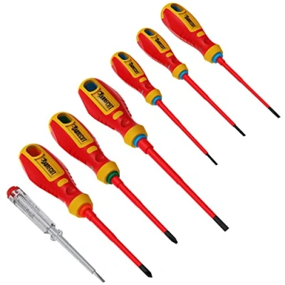 Imagen de SabreCut SCVDE07A Juego de destornilladores para electricistas y VDE totalmente aislados con mango ergonómico suave resistente ranuras SL3.0 SL3.5 SL4.0 SL5.5 Phillips PH2 Pozidriv PZ2 probador