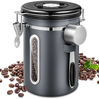 Imagen de NCKIHRKK Bote para Café,1.8L Tarro de café hermético,contenedor Acero Inoxidable,Caja Almacenamiento Alimentos,con Válvula CO2 y cuchara,para cafe grano o molido,Gris