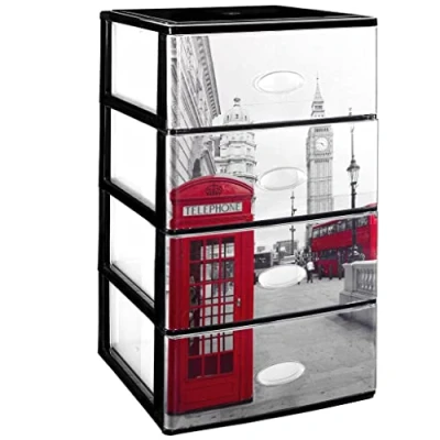 Imagen de COM FORT HOUSE Cajonera Apilable de Plástico Efecto Cristal Modelo Londres Color Negro 4 Cajones Almacenamiento Modular (380 x 370 626 mm)
