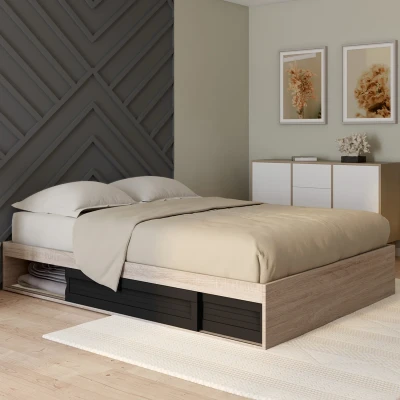 Imagen de IDMarket Marco de cama doble Salem con almacenamiento y somier 140 x 190 cm, color haya negro