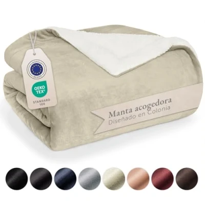 Imagen de Blumtal Mantas para Sofá Reversible de Sherpa y Franela Suave Manta Polar 100% Microfibra Extra Suave, sofá, Cama o Sala Estar, Beige, 230 x 270 cm