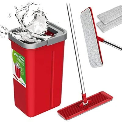 Imagen de Juego de fregona Plana MaxiClean con Cubo Limpieza 2 en 1 mopa 5,7 l Limpiador Suelo Cabezal Giratorio 360 (Juego y + Fundas Repuesto