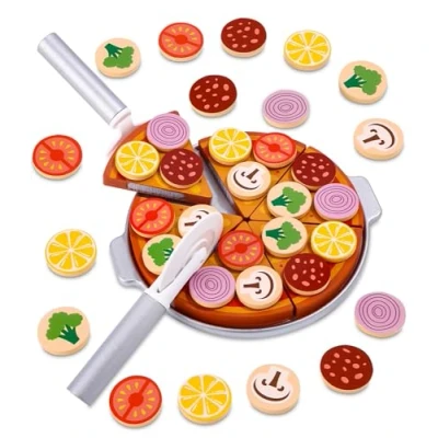 Imagen de Toaren Pizza Juegos de Madera Juguetes Comida Cocina Piezas Juguete rol Cocinita Infantil para Cortar Niños Regalo 3+ Años