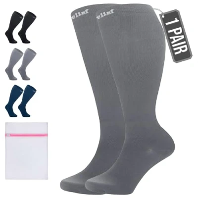 Imagen de 360 Relief Medias de Compresión para Mujeres y Hombres 1 Par Tallas Grandes Calcetine Deportes, Correr, Volar, Viaje, Trabajo, Footing 3XL Gris con Bolsa Malla