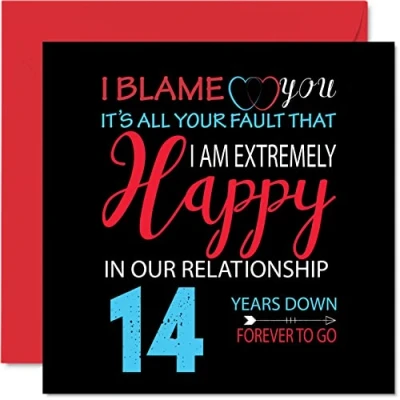Imagen de Divertida Tarjeta de 14 aniversario para marido y esposa Your Fault I&#039;m Extremely Happy felicitación boda pareja, tarjetas 145 mm x
