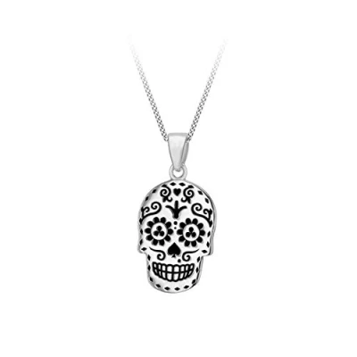 Imagen de Tuscany Silver Collar con Colgante Calavera &#039;Día de los Muertos&#039; para Mujer Cadena Grumet en Plata Ley (925) Oxidada 46 cm
