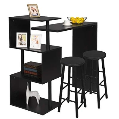 Imagen de WOLTU 1 Mesa de Bar + 2 Taburete Bistro Sillas y Comedor, con 3 Estantes, Giratoria Estructura Metal, MDF, 134x38x112cm (WxDxH) Negro BT27sz+BH130sz