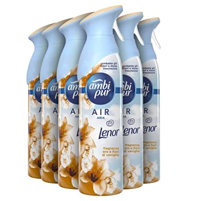 Imagen de Ambi Pur Air Ambientador en spray, 6 ambientadores spray de 300 ml, fragancia dorada y flores vainilla, desodorante ambiente con tecnología elimina olores, contiene gas 100% natural