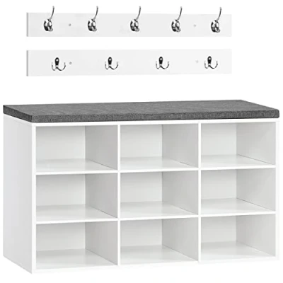 Imagen de HOOBRO Banco Zapatero con Asiento, Perchero para Vestíbulo, 9 Ganchos, de Almacenaje Compartimentos, Organizador Entrada, Adecuado Pasillos, Entradas, Dormitorios Blanco EWT89HX01