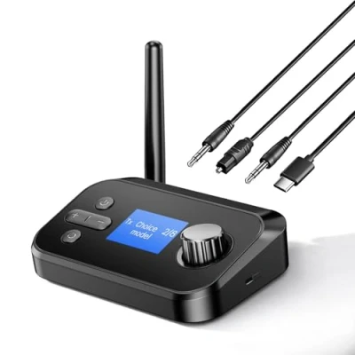 Imagen de eppfun AK3046G Ultra Bluetooth Transmisor para TV Receptor Home Stereo,Baja Latencia HiFi Música,Audio a RCA Adaptador Altavoces Estéreo,con LCD Screeen Optical/Coaxial/RCA/Aux
