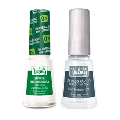 Imagen de VALMY Pack Tratamiento Fortalecedor de Uñas: Química Endurecedora Libre Formaldehído + Top Coat Secado Rapido, Esmaltes Protectores y Endurecedores, Aporta Brillo Protección, 14ml c/u(2 unidades)