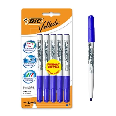 Imagen de BIC Velleda 1741 Rotuladores para pizarra blanca borrable en seco, punta cónica media azul, formato especial de 5