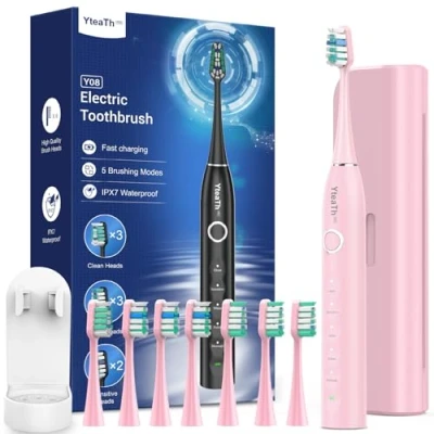 Imagen de Cepillo de Dientes Eléctrico Sónico Adultos Infantil con 8 Cabezales Electrico Estuche Viaje, 5 Modos, IPX7 Impermeable, Infantil, Rosa Cereza
