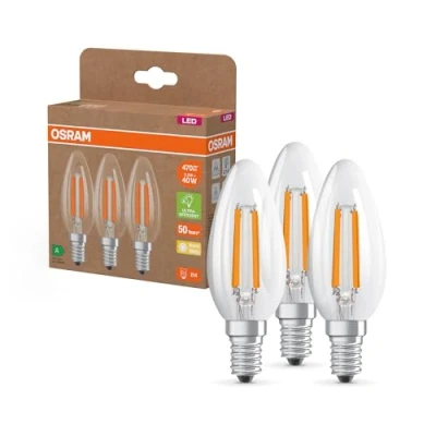 Imagen de OSRAM Lámparas LED de alta eficiencia con clase energética A, paquete 3 bombillas, reemplaza bombillas incandescentes tradicionales 40W, blanco cálido, E14, vidrio filamento