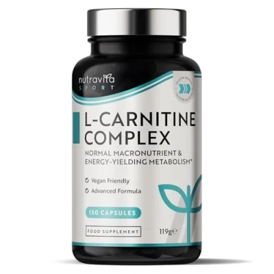 Imagen de L CARNITINA Capsulas Veganas 150 Cápsulas de alta resistencia con riboflavina, biotina, cromo, vitamina D, B3 y B6 añadidos Metabolismo macronutrientes producción energía Nutravita