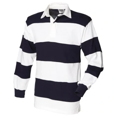 Imagen de Front Row Polo de manga larga a rayas con el cuello en blanco para hombre/Caballero Modelo Sewn Stripe (Grande (L)/Blanco/marino (Cuello Blanco))
