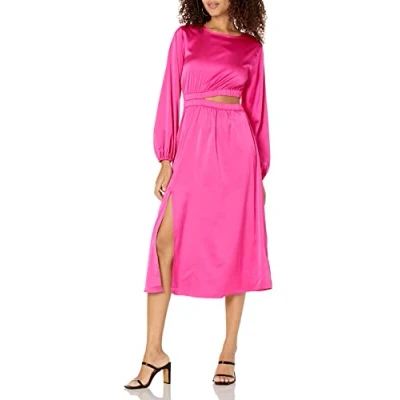 Imagen de The Drop Jacob Vestido Midi Sedoso de Manga Larga Con Cut out Discreto para Mujer, Rosa Intenso, L