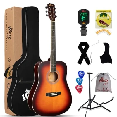 Imagen de Winzz guitarras acústicas negras 4/4, para principiantes de 41 pulgadas con estuche guitarra, afinador, correa, púas, cuerda extra y soporte color Sunburst
