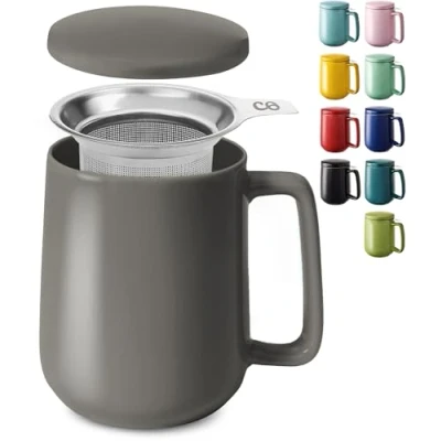 Imagen de Cosumy Taza de Te con Filtro y Tapa 500ml Ceramica Antracita Mantiene Caliente la Infusion Apta para Lavavajilla