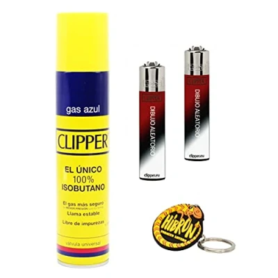 Imagen de Clipper 2 Mecheros + 1 Botella Gas Azul 300 ml Llavero, Sirve para Recargar Soplete de Cocina