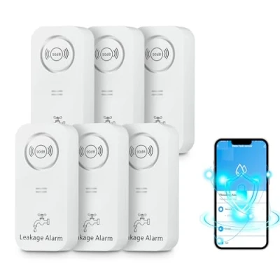 Imagen de Detector de Fugas Agua WiFi (WiFi 2,4 G), 90 dB con Sensor y Alarma por aplicación, inalámbrica, para tuberías, dormitorios, cocinas, baños, sótanos (6 Unidades)