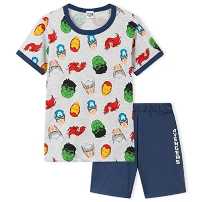 Imagen de Marvel Pijama Niño Verano, Conjunto Corto Merchandising Oficial Regalos para Niños y Adolescentes Edad 3 14 Años Spiderman Hulk Capitán América (Gris/Azul Avengers, 9 10 Años)