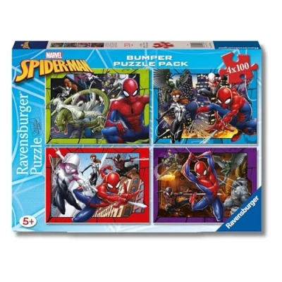 Imagen de Ravensburger puzzle Spider man, El Hombre Araña, superhéroe, infantil, 4 puzzles de 100 piezas, 4x100 Bumper Pack, para niños +5 años, Tamaño 36x26cm
