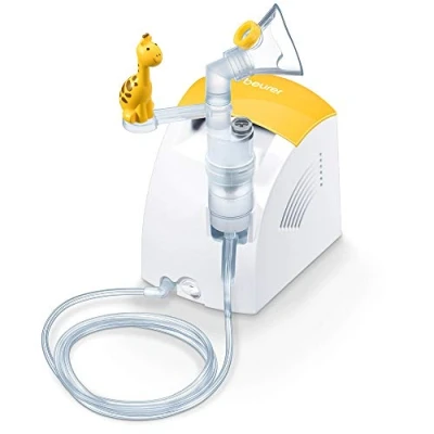 Imagen de Beurer IH26 Kids Inhalador para Niños, Tratamiento por Inhalación de Medicamentos Líquidos, Tecnología Aire Comprimido, Mascarilla Bebe y Niño, Bolsa, Color Blanco Amarillo