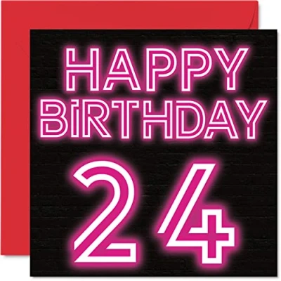 Imagen de Divertidas tarjetas de cumpleaños 24 para hombres y mujeres, brillo neón, tarjeta feliz hijo, hija, hermano, hermana, tío, tía, sobrina, sobrino, primo, 145 mm x mm,