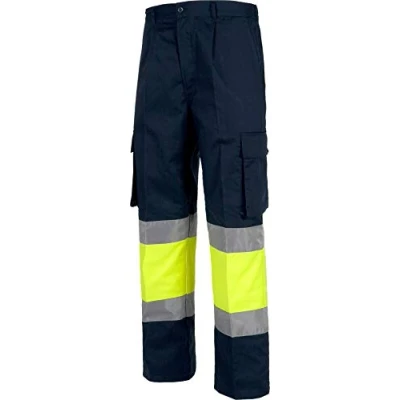 Imagen de Work Team Pantalón con 2 Cintas de Alta Visibilidad y Reflectante, Refuerzos Multibolsillos. EN471. Hombre Marino+Amarillo A.V. 52