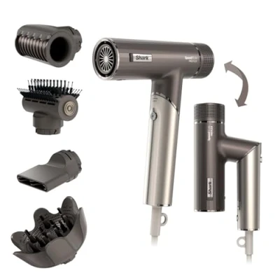 Imagen de Shark SpeedStyle Pro FLEX Secador de pelo alto rendimiento y velocidad con 4 accesorios, ligero, iónico, sin daño por calor, mango plegable, apto para todo tipo cabello, plateado moca, HD542EU