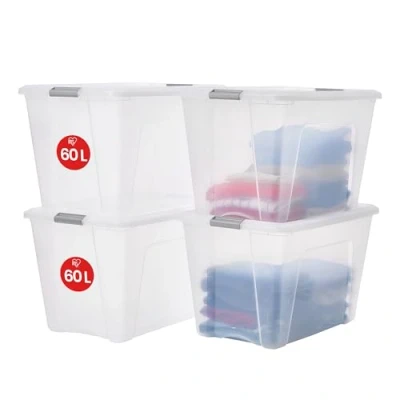 Imagen de Iris Ohyama 4 Cajas de almacenamiento con tapas, 60L, Plata, Clips Cierre, Duradero, Apilable, para Dormitorio, Armario, Oficina, Organizadora, Ropa y Zapados, Libre BPA, NTB 60