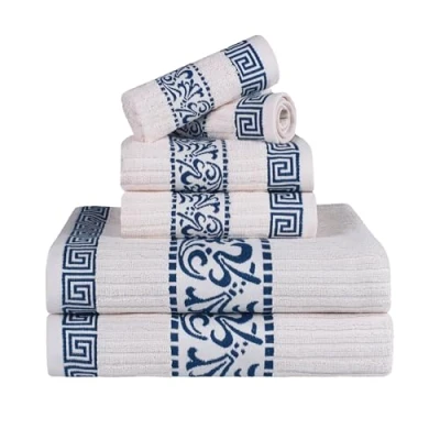 Imagen de SUPERIOR Juego de toallas decorativas 6 piezas con patrón griego, algodón absorbente primera calidad, decoración para baño, spa, incluye 2 mano, caras y artículos