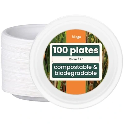 Imagen de HAAGO 100 Platos Redondos de Caña Azúcar 18 cm Ecológicos y Reciclables, Ideales para Fiestas Eventos Grupo