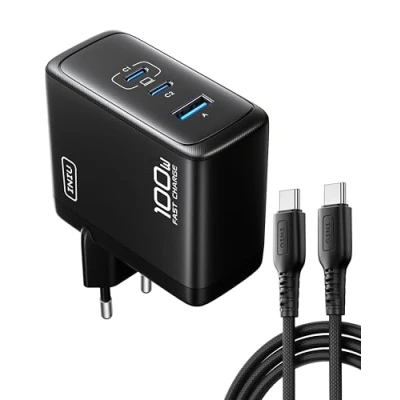 Imagen de INIU 100W Cargador USB C, GAN Ⅲ 3 Puertos Carga Rapida, PD QC Adaptador, Compacto y Ahorro de Espacio, Compatible con MacBook iPad Pro/Air, iPhone 16, Huawei, Samsung Galaxy S24 Ultra, Steam Deck