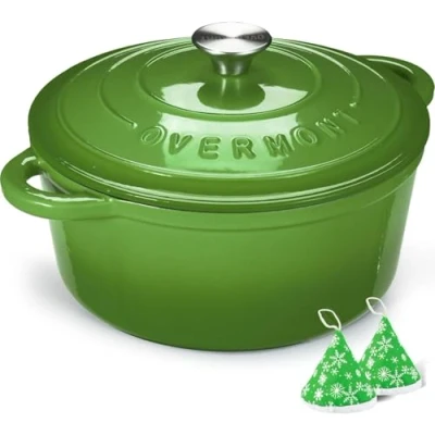 Imagen de Overmont Olla de Hierro Fundido Antiadherente Cacerola Holandesa Esmaltado con Tapa Ø24 CM Redonda para Cocinas Inducción Verde