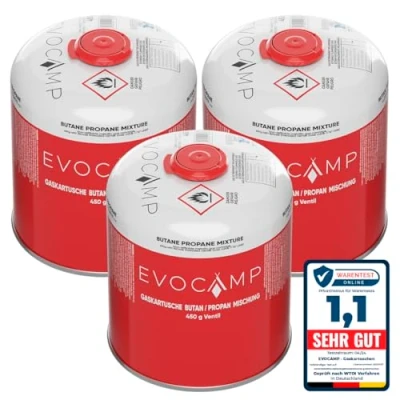Imagen de EVOCAMP 3X cartucho de gas Propano Butano 450g, rosca europea 7/16&quot;, botellas para camping 809ml, bombona gas, puede utilizarse barbacoas Weber la serie Q100/1200